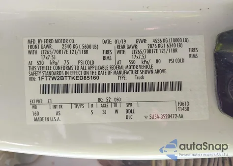 2019 Ford F-250 Xl из США, поврежденный, VIN 1FT7W2BT7KED85160